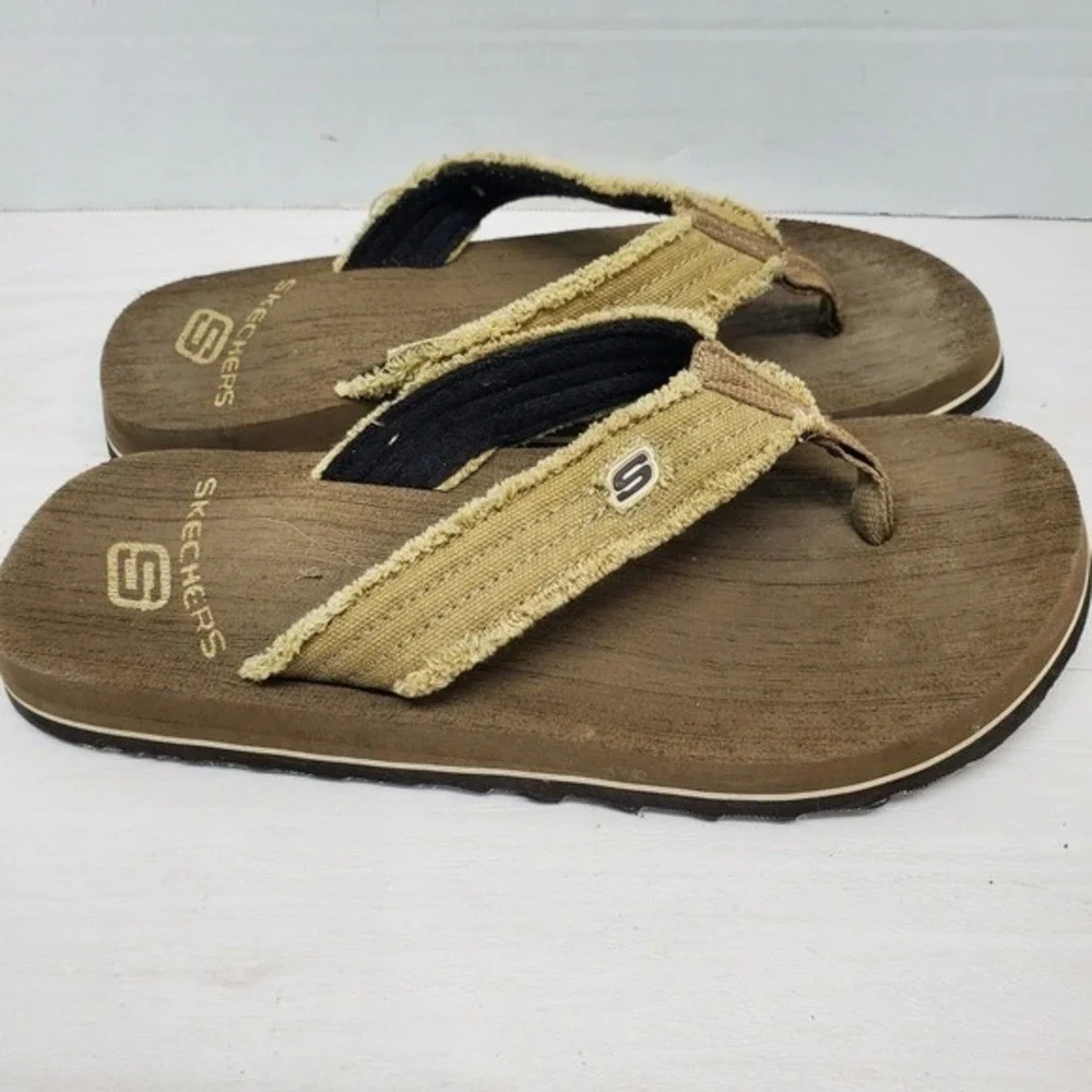 Skechers Men's Flip Flops Thong‎ Sandals Brown Tan Canvas Strap Comfort Size 7